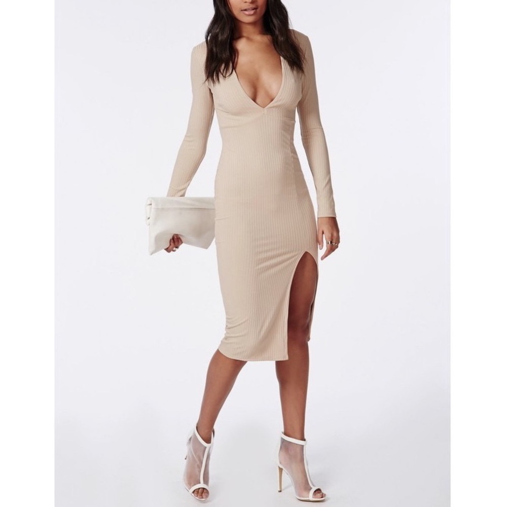 Nude Ribbed Side Split Midi Dress by Missguided
